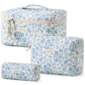 Quilted Makeup Bag, 3pcs Cotton Large Travel Makeup Bag, Cute Floral Coquette💖